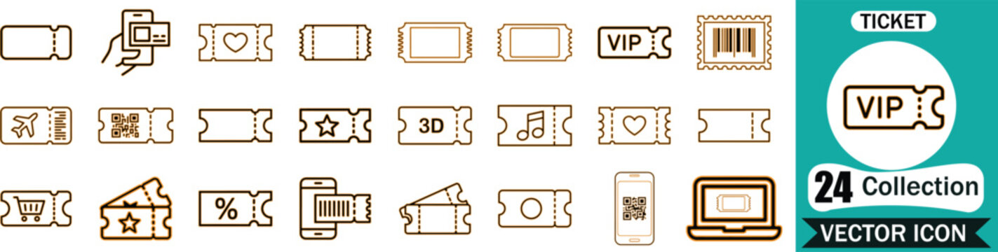Set of  ticket vector icons featuring various event passes, VIP access, digital codes, and mobile booking symbols for professional design projects and graphic interfaces