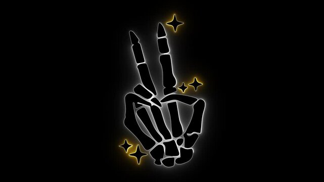 Neon skeleton hand. Peace sign glow. Glowing bone vector. Gothic animation. Skeleton peace art. Gold star neon. Edgy hand sign. Victory neon glow. Spooky peace icon. Vibrant hand art.
