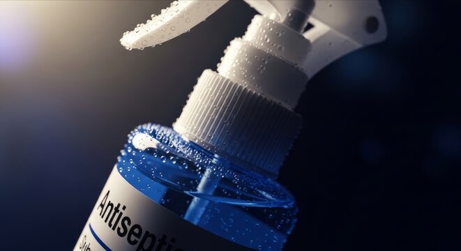 Close-Up of Antiseptic Spray Bottle with Water Droplets
