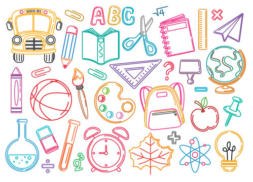 School Elements outline clipart set. Colorful School Elements flat drawing icon clip art like school bus, backpack, globe, ruler, watercolor, bulb, scissor and alarm clock for educational learning 