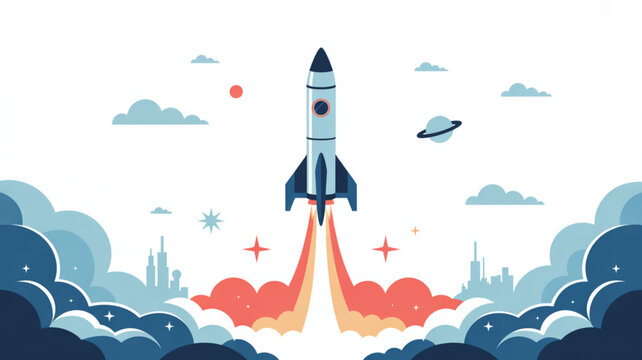 Rocket launching into space with clouds and city skyline below representing startup innovation and exploration flat vector illustration