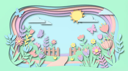 Fototapeta premium Whimsical Papercut Spring Garden Scene with Layered Pastel Flowers, Butterflies, Sun, and Rainbow – A Serene Fantasy Landscape Illustration