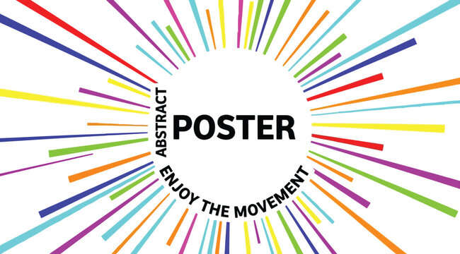 Vibrant multicolored abstract poster with lines radiating outward on white background