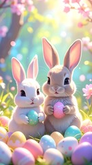 Obraz premium Two adorable bunnies holding colorful eggs