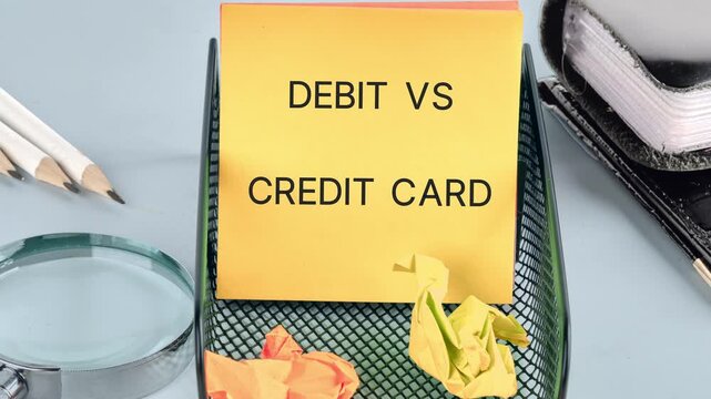 A bright yellow note comparing debit vs credit cards sits on a desk organizer