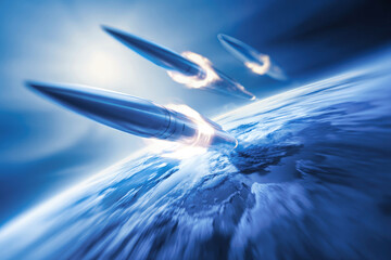 Naklejka premium Nuclear missiles race around the globe in a high-speed action scene. The dynamic composition conveys a strong military theme and urgency in the atmosphere