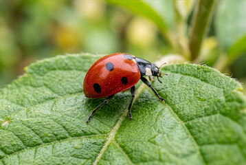 Obraz premium Extreme close-up of a red ladybug with black spots on a green leaf