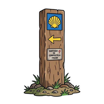Wooden Milestone Sign for Santiago de Compostela Pilgrimage. Camino de Santiago. Saint James way