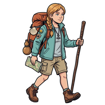 Young Girl Pilgrim with Braided Hair Hiking. Camino de Santiago. Pilgrimage. Saint James way