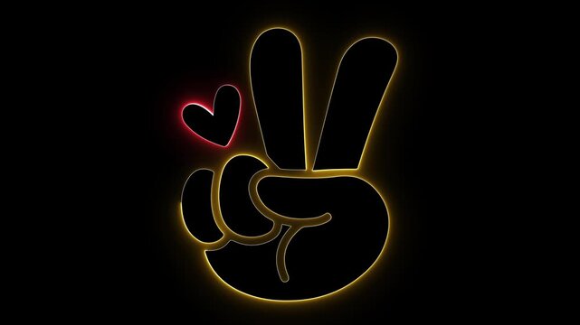Neon peace hand. Love heart glow. Golden unity sign. Hand gesture art. Victory sign neon. Romantic peace. Minimalist hand. Luxury heart icon. Peace love neon. Glowing victory art.