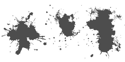 Obraz premium Collection of black ink splatters and grunge paint spots isolated on white background. Vector ink blots and spray drips.