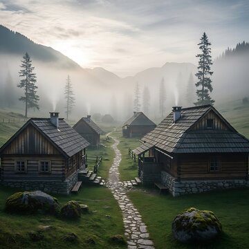 Idyllic Mountain Village Scene with Fog and Rustic Cabins.