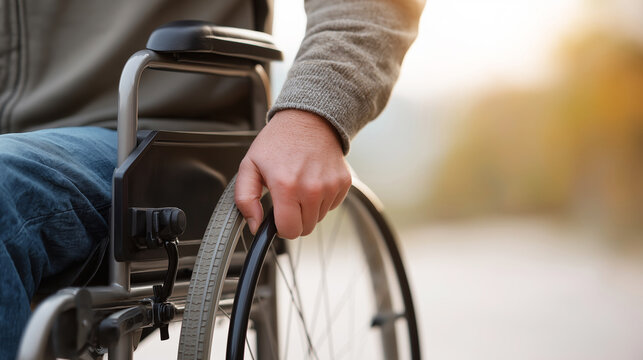 Person's hand pushing wheelchair wheel, representing mobility, autonomy, and overcoming challenges outdoors