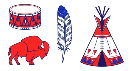 Native American Tribal Symbols: Buffalo, Drum, Feather, Teepee © din