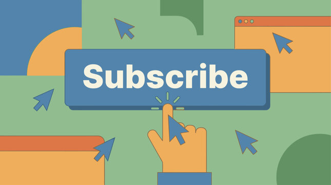 A hand clicking subscribe button on screen with cursor arrows floating around.