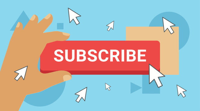 Hand pressing a red 'Subscribe' button surrounded by mouse cursors, illustrating a digital call to action for online content, user engagement, and newsletter sign-ups