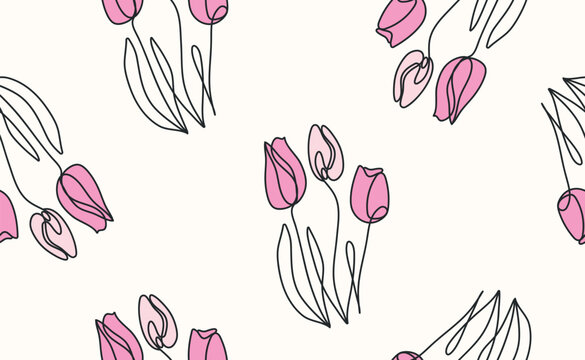 Mother's Day tulip line art seamless pattern with flowing continuous drawing. Elegant floral bouquet outline perfect for greeting cards, posters, gifts for moms. Isolated doodle vector illustration.