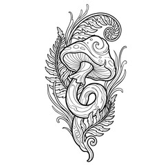 Obraz premium Ornamental mushroom with fern spiral line art isolated on white