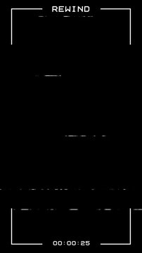 Animated vertical VHS tape rewind with analog distortion, static noise, and glitch interference