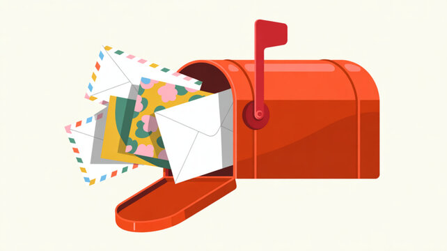 Red mailbox overflowing with colorful letters and envelopes a charming illustration of communication and correspondence for postal services or mail delivery concepts