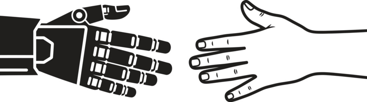 A robotic hand and a human hand almost touching in a symbolic gesture of connection and technology