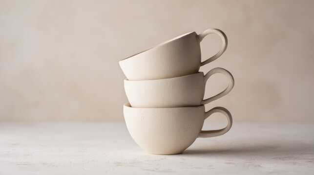 Three handmade ceramic cups are stacked at angles on a neutral plaster background under soft lighting, showcasing their unique shapes and textures