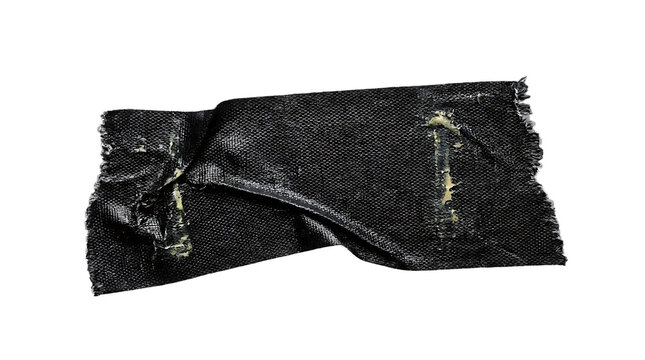 Black gaffer tape piece with torn edges and wrinkled texture isolated on transparent grid background