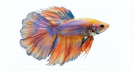Fototapeta premium A vibrant Siamese fighting fish, also known as Betta splendens, displays its flowing fins and intricate patterns against a clean white background, highlighting its aquatic beauty