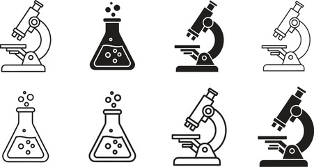 Naklejka premium A collection of black and white icons featuring microscopes and beakers on a clean white background for scientific and laboratory themes
