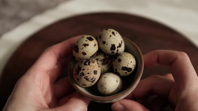 Close-up of fresh speckled quail eggs in a small ceramic bowl, resting on a rustic wooden plate under soft natural sunlight. Aesthetic cinematic video.
