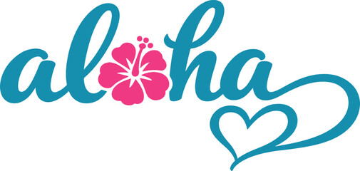 Obraz premium Aloha tropical typography vector, Hawaiian lettering design, hibiscus flower illustration, beach script text graphic, summer vacation artwork, island vibes print, coastal branding design, trendy appar