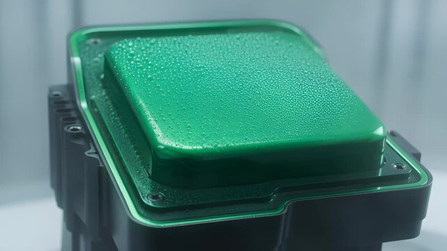 Close-Up of a Large Green Button Covered in Water Droplets, Futuristic Technology Concept