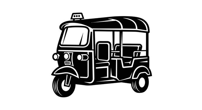 Black and white vector illustration of a three wheeled Thai tuk tuk on white background