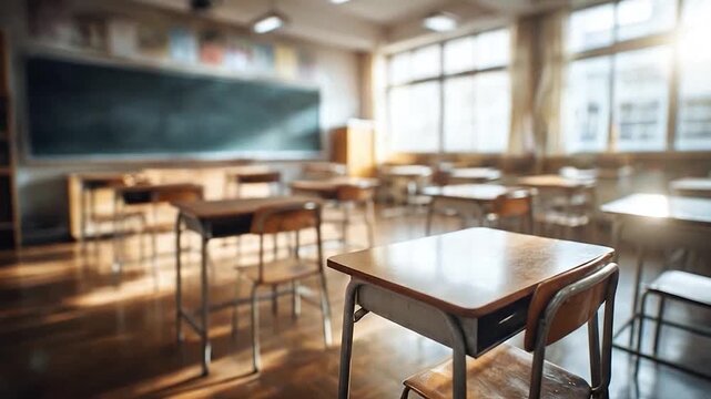 Empty classroom with wooden desks and chairs bathed in warm sunlight