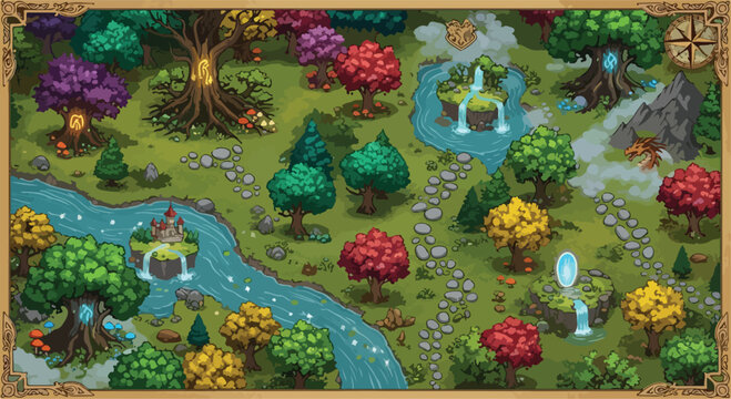 Fantasy forest map vector illustration with colorful trees, winding river, waterfalls, and magical elements for game design