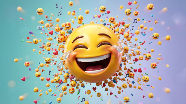 Joyful Emoji Character Laughing with Colorful Social Media Icons