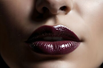 Naklejka premium Macro Portrait of Glossy Burgundy Lips with Reflective Finish