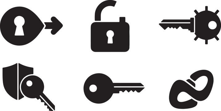 Black Solid Abstract Key Silhouettes Set of Six on White Background