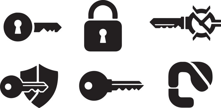 Black Solid Abstract Key Silhouettes Set of Six on White Background