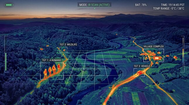 Thermal camera scanning landscape tracking humans and wildlife