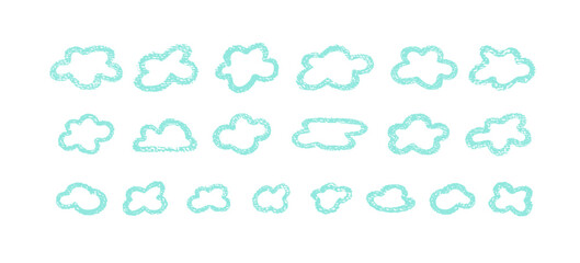 Fototapeta premium Crayon icons - clouds in sky. Weather elements - doodle clouds in chalk texture. Cute summer weather background drawn with crayon pencils, kid vector illustration