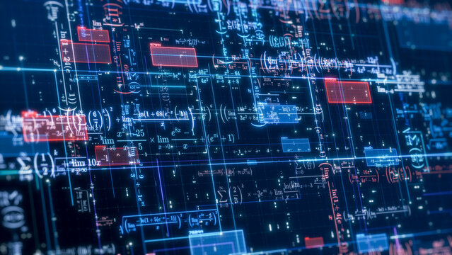 Complex futuristic network with math expressions and equations, concept of ai assistant, machine learning, neural network, science and technology (3d render)