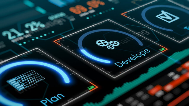 Agile project management, project life cycle, futuristic software interface (3d render)