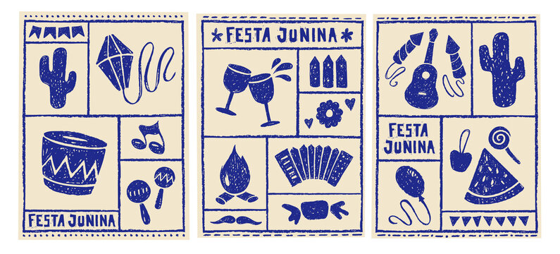 Festa Junina carnival flyers with crayon icons of summer festival in frames. Music party posters with accordion, guitar, bonfire, drum and lantern drawn with blue chalk, vector illustration