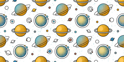 Space seamless pattern with planets, moons and stars. Abstract galaxy background, celestial pattern with cute planets with orbits and satellites in dark night sky, vector illustration © sapunkele