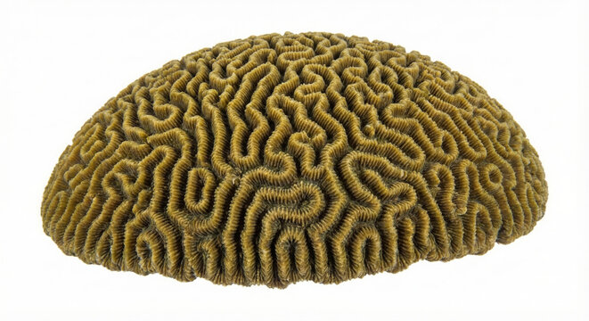 Isolated brain coral close-up, showcasing intricate labyrinthine patterns and textured surface. A fascinating natural wonder representing marine biology and diverse ocean ecosystems