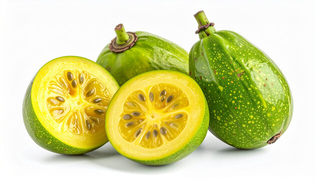 Fresh umbu fruits isolated on white background, whole and halved pieces showing juicy pulp and seeds, bright natural green-yellow tones.