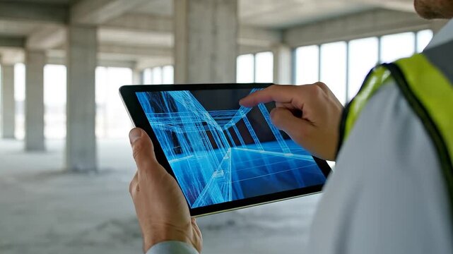 Construction worker in safety vest examines architectural design on tablet in empty building site, showcasing digital blueprints and structural details