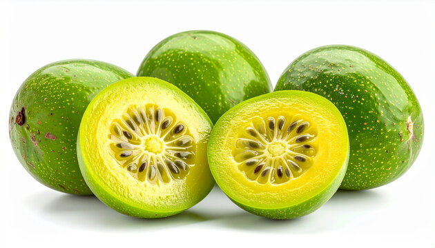 Fresh umbu fruits isolated on white background, whole and halved pieces showing juicy pulp and seeds, bright natural green-yellow tones.