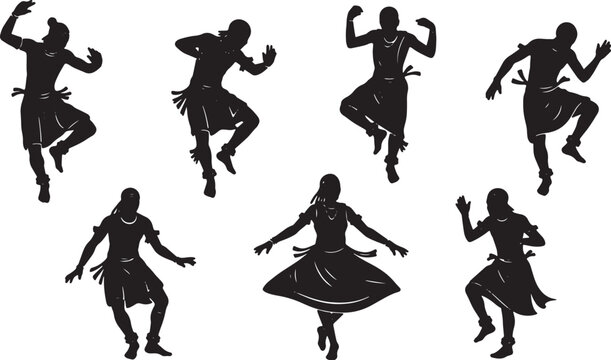 Black Solid African Dancer Silhouettes Set of Six on White Background